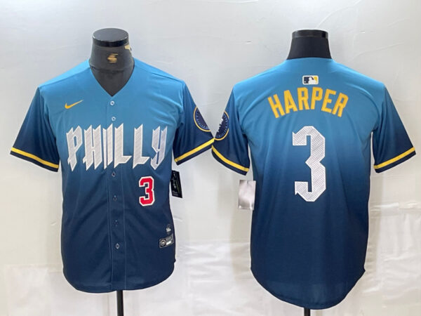 Men's Philadelphia Phillies #3 Bryce Harper Blue 2024 City Connect Limited Stitched Jersey