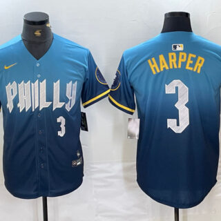 Men's Philadelphia Phillies #3 Bryce Harper Blue 2024 City Connect Limited Stitched Jersey