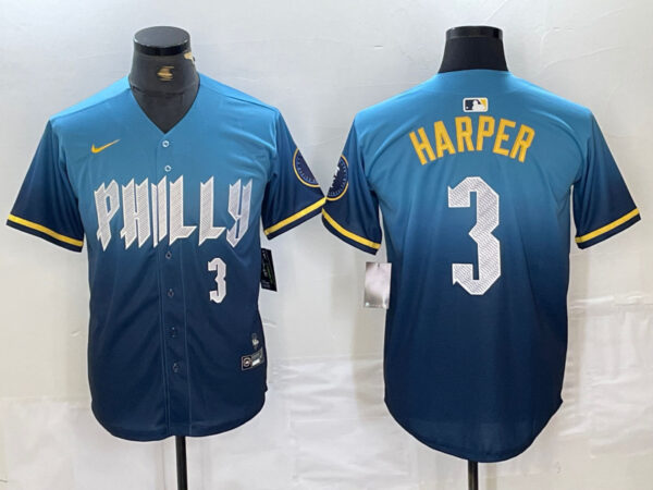 Men's Philadelphia Phillies #3 Bryce Harper Blue 2024 City Connect Limited Stitched Jersey