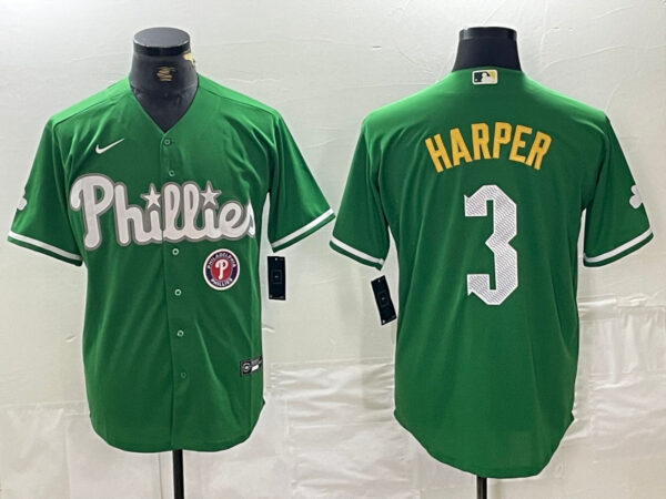 Men's Philadelphia Phillies #3 Bryce Harper Green 2024 City Connect Stitched Jersey