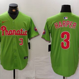 Men's Philadelphia Phillies #3 Bryce Harper Green With Patch Stitched Jerseys