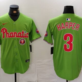 Men's Philadelphia Phillies #3 Bryce Harper Green With Patch Stitched Jerseys