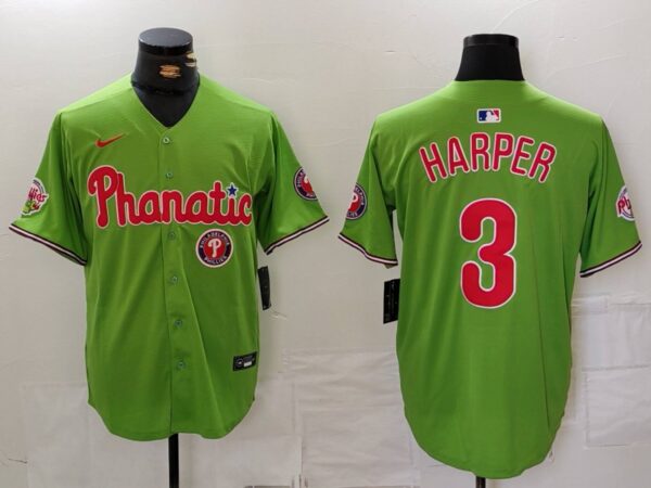Men's Philadelphia Phillies #3 Bryce Harper Green With Patch Stitched Jerseys