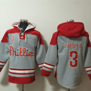 Men's Philadelphia Phillies #3 Bryce Harper Grey Red Ageless Must-Have Lace-Up Pullover Hoodie