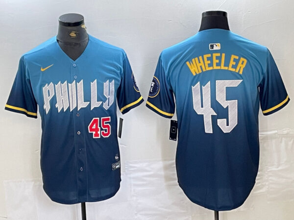 Men's Philadelphia Phillies #45 Zack Wheeler Blue 2024 City Connect Limited Stitched Baseball Jersey