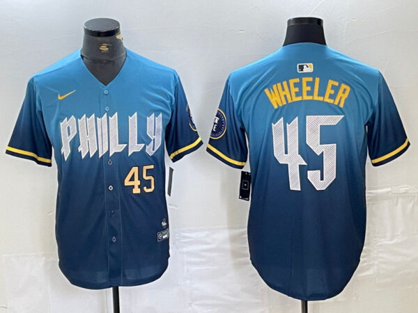 Men's Philadelphia Phillies #45 Zack Wheeler Blue 2024 City Connect Limited Stitched Baseball Jersey