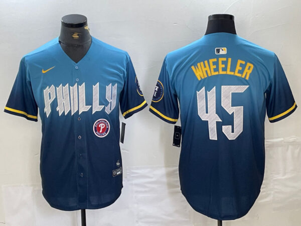 Men's Philadelphia Phillies #45 Zack Wheeler Blue 2024 City Connect Limited Stitched Baseball Jersey