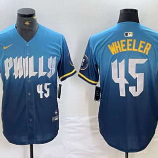 Men's Philadelphia Phillies #45 Zack Wheeler Blue 2024 City Connect Limited Stitched Baseball Jersey