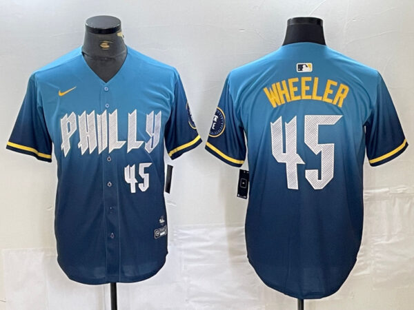 Men's Philadelphia Phillies #45 Zack Wheeler Blue 2024 City Connect Limited Stitched Baseball Jersey