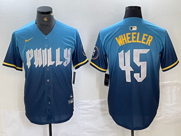 Men's Philadelphia Phillies #45 Zack Wheeler Blue 2024 City Connect Limited Stitched Baseball Jersey