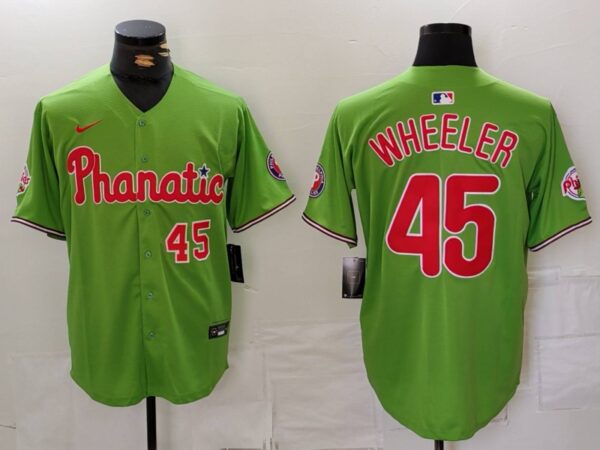 Men's Philadelphia Phillies #45 Zack Wheeler Green With Patch Stitched Jerseys