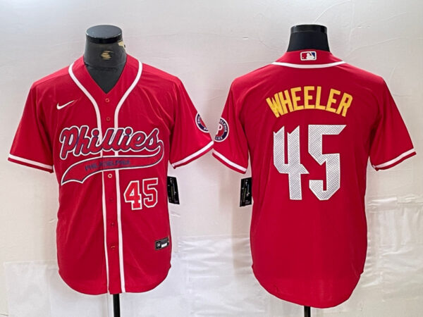 Men's Philadelphia Phillies #45 Zack Wheeler Red 2024 City Connect Limited Stitched Baseball Jersey