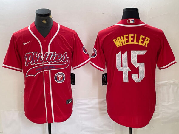 Men's Philadelphia Phillies #45 Zack Wheeler Red 2024 City Connect Limited Stitched Baseball Jersey