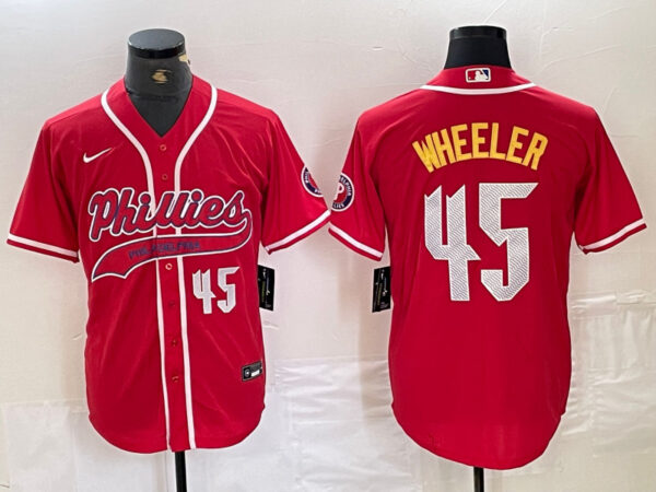 Men's Philadelphia Phillies #45 Zack Wheeler Red 2024 City Connect Limited Stitched Baseball Jersey