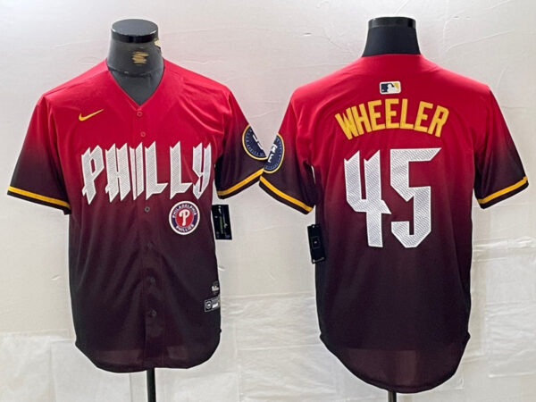 Men's Philadelphia Phillies #45 Zack Wheeler Red 2024 City Connect Limited Stitched Jersey