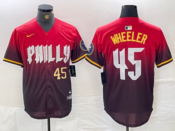 Men's Philadelphia Phillies #45 Zack Wheeler Red 2024 City Connect Limited Stitched Jersey