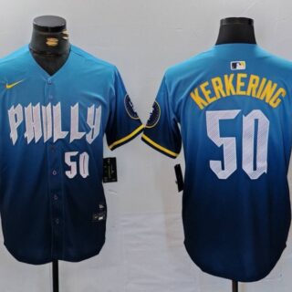 Men's Philadelphia Phillies #50 Orion Kerkering Blue 2024 City Connect Limited Stitched Jerseys
