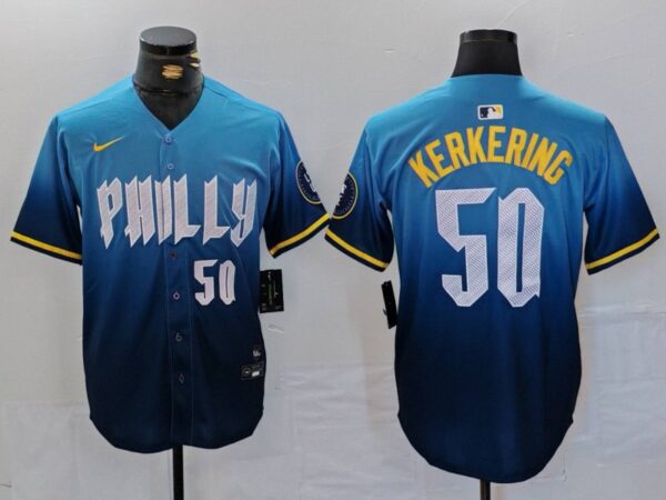 Men's Philadelphia Phillies #50 Orion Kerkering Blue 2024 City Connect Limited Stitched Jerseys