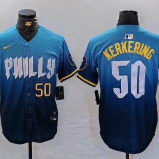 Men's Philadelphia Phillies #50 Orion Kerkering Blue 2024 City Connect Limited Stitched Jerseys
