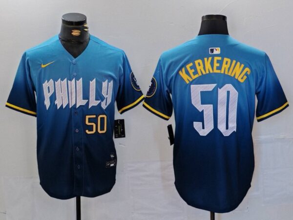 Men's Philadelphia Phillies #50 Orion Kerkering Blue 2024 City Connect Limited Stitched Jerseys