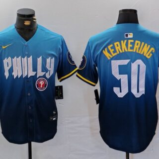 Men's Philadelphia Phillies #50 Orion Kerkering Blue 2024 City Connect Limited Stitched Jerseys