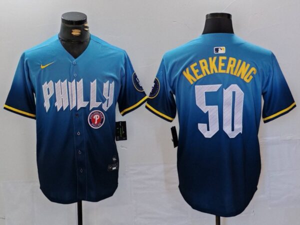 Men's Philadelphia Phillies #50 Orion Kerkering Blue 2024 City Connect Limited Stitched Jerseys