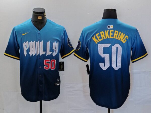 Men's Philadelphia Phillies #50 Orion Kerkering Blue 2024 City Connect Limited Stitched Jerseys