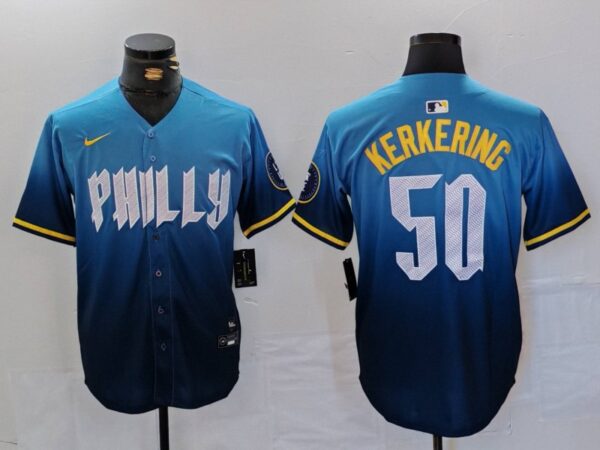 Men's Philadelphia Phillies #50 Orion Kerkering Blue 2024 City Connect Limited Stitched Jerseys