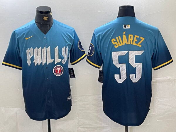 Men's Philadelphia Phillies #55 Ranger Suárez Blue 2024 City Connect Limited Stitched Jersey