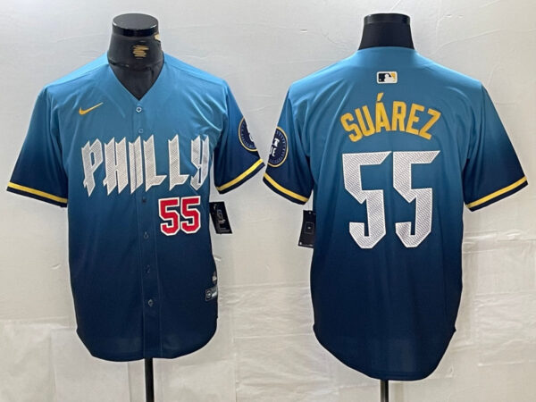 Men's Philadelphia Phillies #55 Ranger Suárez Blue 2024 City Connect Limited Stitched Jersey