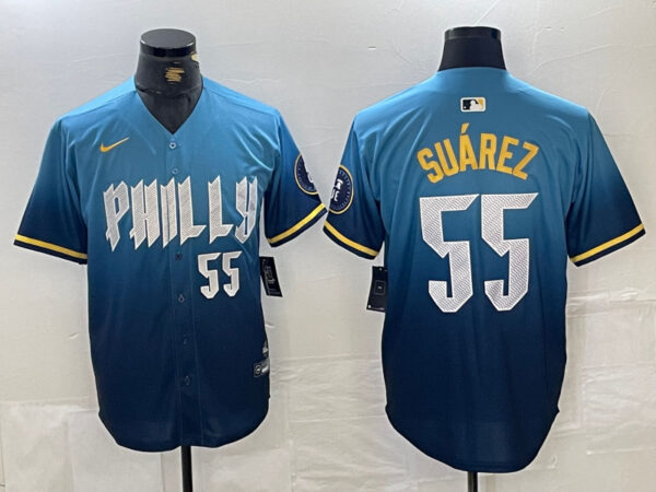 Men's Philadelphia Phillies #55 Ranger Suárez Blue 2024 City Connect Limited Stitched Jersey