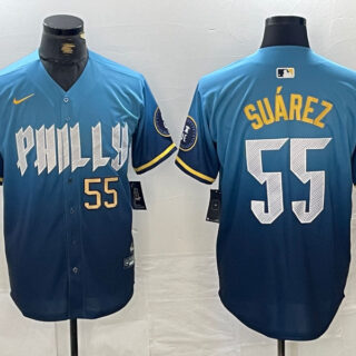 Men's Philadelphia Phillies #55 Ranger Suárez Blue 2024 City Connect Limited Stitched Jersey