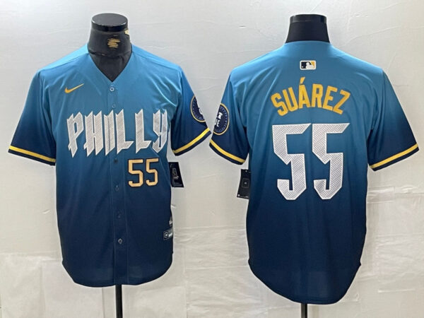 Men's Philadelphia Phillies #55 Ranger Suárez Blue 2024 City Connect Limited Stitched Jersey