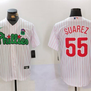 Men's Philadelphia Phillies #55 Ranger Suárez White Green Cool Base Stitched Jersey