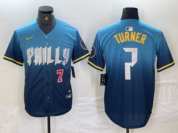 Men's Philadelphia Phillies #7 Trea Turner Blue 2024 City Connect Limited Stitched Jersey