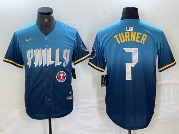 Men's Philadelphia Phillies #7 Trea Turner Blue 2024 City Connect Limited Stitched Jersey