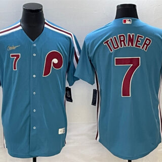 Men's Philadelphia Phillies #7 Trea Turner Blue Cool Base With Patch Stitched Jersey
