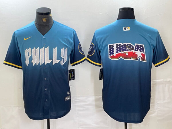 Men's Philadelphia Phillies Blue Team Big Logo 2024 City Connect Limited Stitched Baseball Jerseys