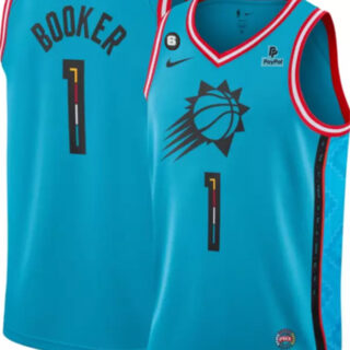 Men's Phoenix Suns #1 Devin Booker Blue 2022 23 City Edition With NO.6 And Payple Patch Stitched Basketball Jersey