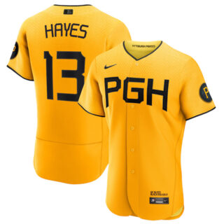 Men's Pittsburgh Pirates #13 Ke'Bryan Hayes Gold 2023 City Connect Flex Base Stitched Jersey