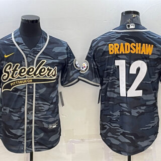 Men's Pittsburgh Steelers #12 Terry Bradshaw Grey Navy Camo With Patch Cool Base Stitched Baseball Jersey