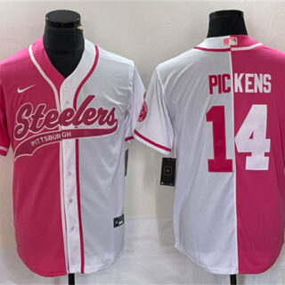 Men's Pittsburgh Steelers #14 George Pickens White Pink Split Cool Base Stitched Baseball Jersey