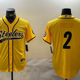Men's Pittsburgh Steelers #2 Justin Fields Yellow With Patch Cool Base Stitched Baseball Jersey