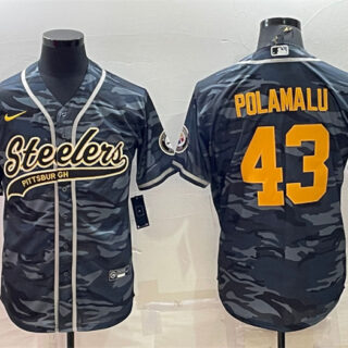 Men's Pittsburgh Steelers #43 Troy Polamalu Grey Navy Camo With Patch Cool Base Stitched Baseball Jersey