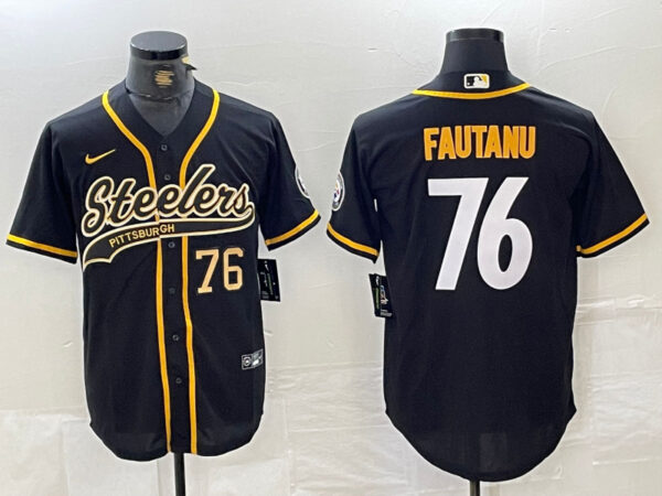 Men's Pittsburgh Steelers #76 Troy Fautanu Black With Patch Cool Base Stitched Baseball Jersey