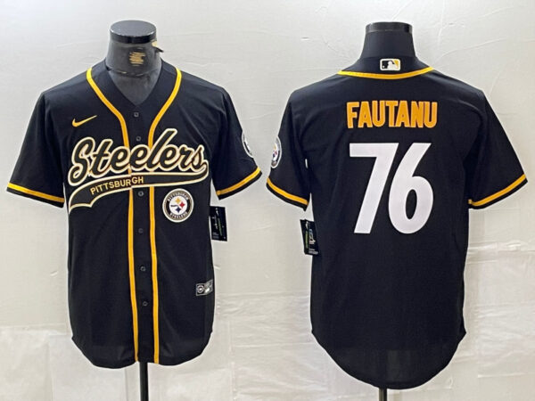 Men's Pittsburgh Steelers #76 Troy Fautanu Black With Patch Cool Base Stitched Baseball Jersey