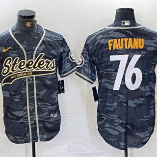 Men's Pittsburgh Steelers #76 Troy Fautanu Grey Camo With Patch Cool Base Stitched Baseball Jersey