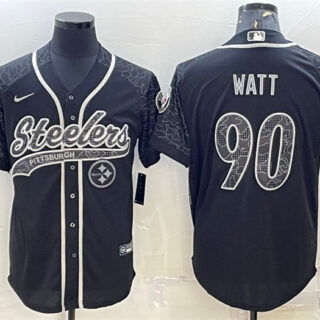 Men's Pittsburgh Steelers #90 T.J. Watt Black Reflective With Patch Cool Base Stitched Baseball Jersey