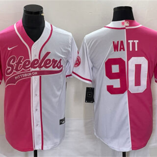 Men's Pittsburgh Steelers #90 T.J. Watt White Pink Split Cool Base Stitched Baseball Jersey