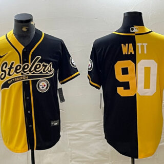 Men's Pittsburgh Steelers #90 T. J. Watt Yellow Black Split With Patch Cool Base Stitched Baseball Jerseys
